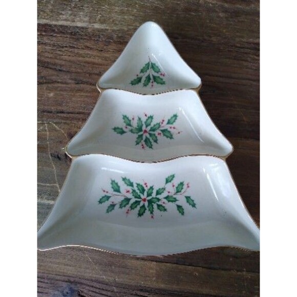 New Lenox Holiday Tree Divided Server Dimension Collection Gold Trim Christmas - Picture 1 of 5